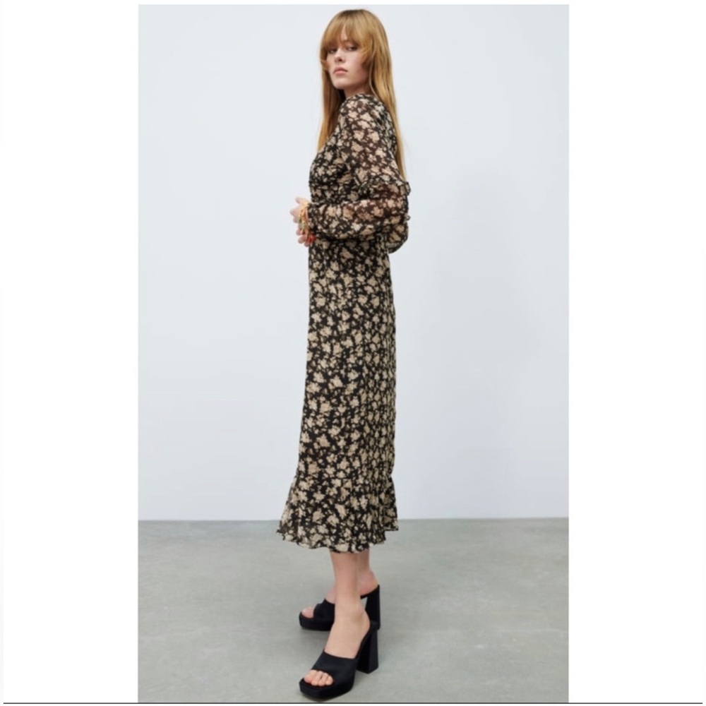 NEW! ZARA New Woman Midi Dress Floral Ruffled Lined Black Cream Size Medium - Picture 6 of 11